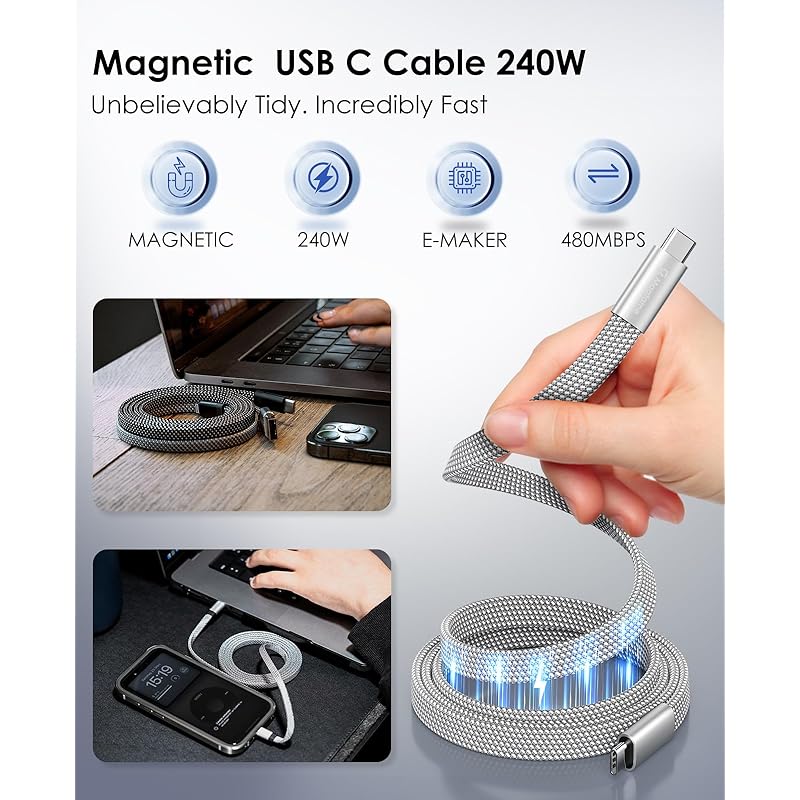 Кабель Magtame type c плоский плоский магнит автоматическое хранение 240 Вт/5 А быстрая зарядка кабель type-c совместимый с QC4.0/PD3.1 кабель usbc-usbc металлический разъем
