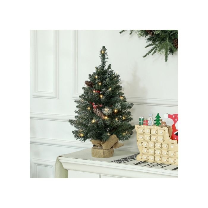 HOMCOM Sapin de Noël avec éclairage LED, 60 cm, pommes de pin et baies rouges, support inclus, vert/blanc
