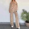2 Pcs/Set Women Top Pants Suit Velvet Round Neck Bat Sleeves Blouse Wide Leg Solid Color Trousers Sport Casual Outfit Fall Spring Tracksuit