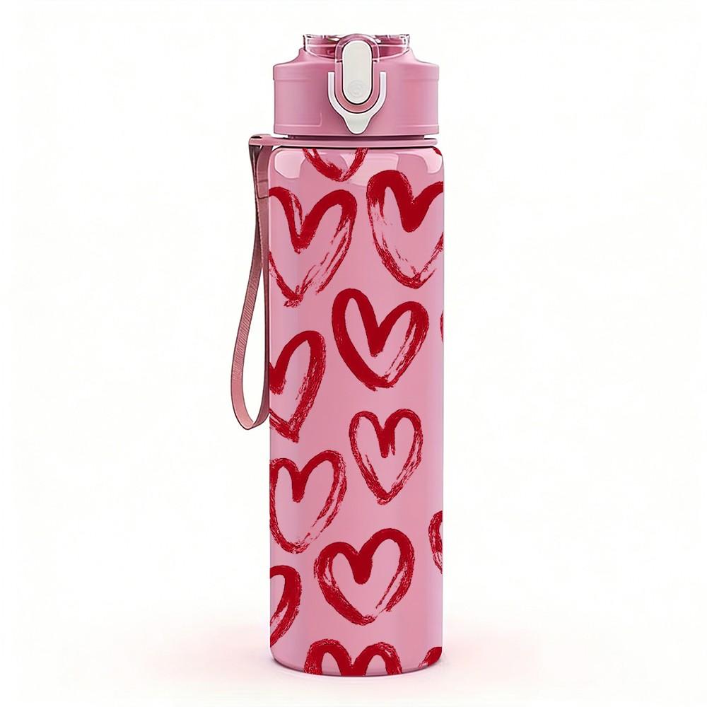 1PC Red White Heart Love Seamless Print 750ml Color Plastic Sports Water Bottle Leakproof Flip Straw Lid Suitable for Sports Office Home Use