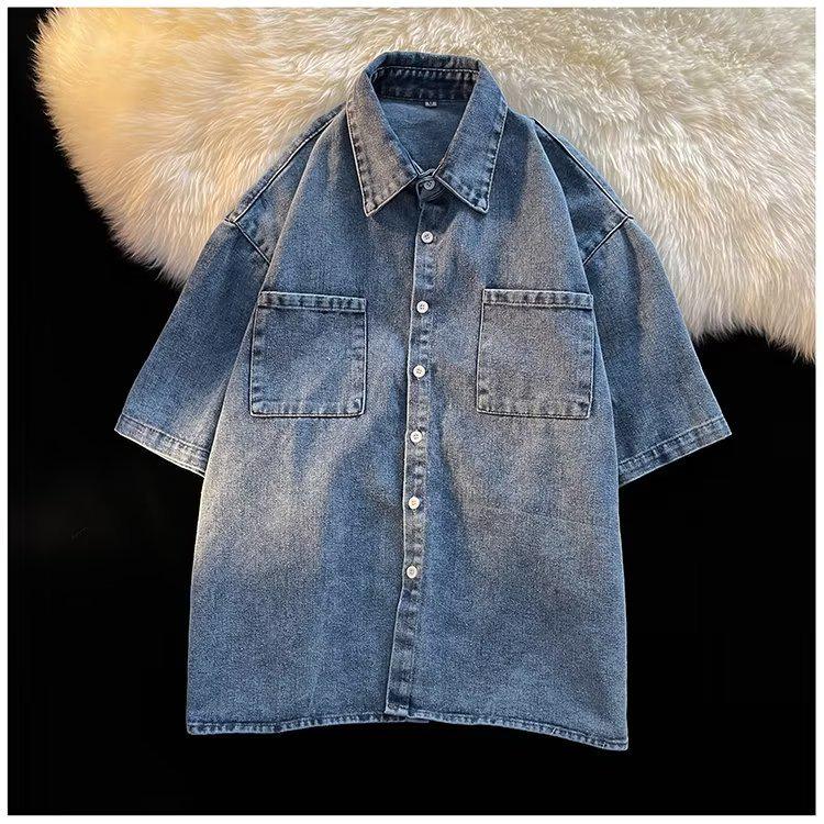 Модная японская джинсовая рубашка с коротким рукавом для мужчин - свободный крой, молодежная летняя мода