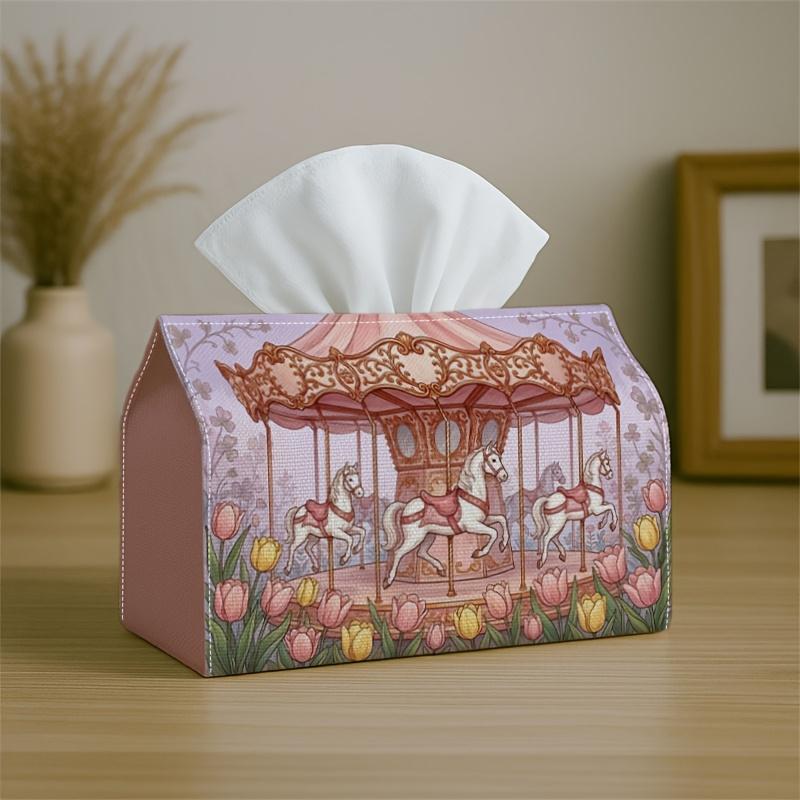 1pc Romantic Classic Tissue Holder Featuring a Pink Pastel Horse Ride - Napkin Storage Organizer Suitable for Kitchen, Car, Elegant Decorative Box, Id