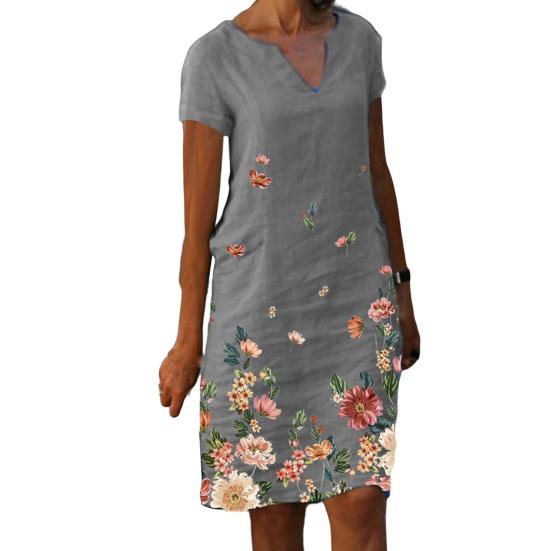 Женское летнее платье с v-образным вырезом и цветочным принтом, свободное прямое платье-пуловер длиной до колена, цветное платье миди, женская одежда