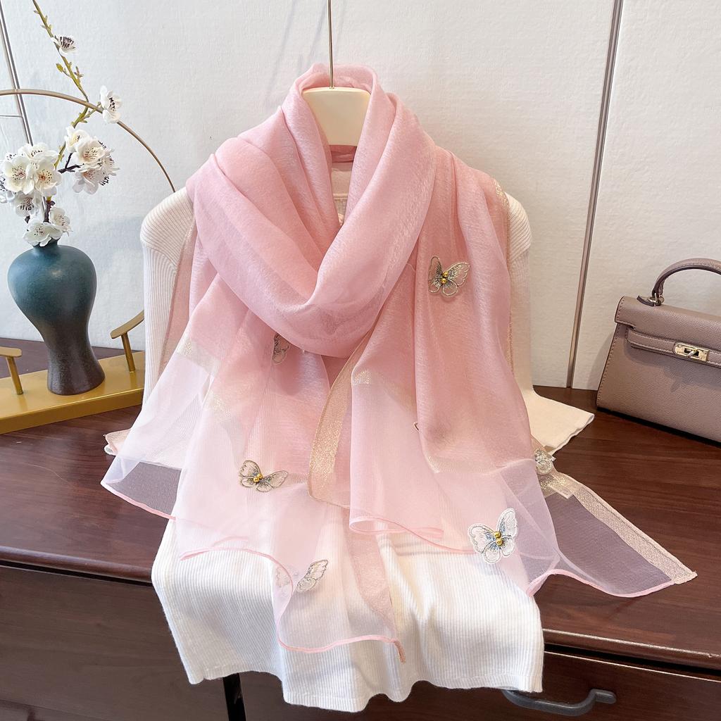 New Butterfly Embroidered Beads Fashionable Scarf for Women's Sun Protection and Windproof Temperament Shawl Thin Imitation Silk Scarf