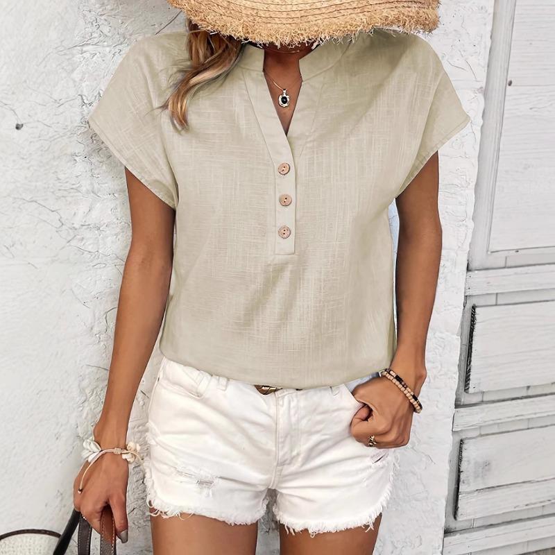 Summer Short Sleeve Loose Women Blouse New V-neck Button Retro Cotton Shirts Office Casual Simple Tops Shir… More