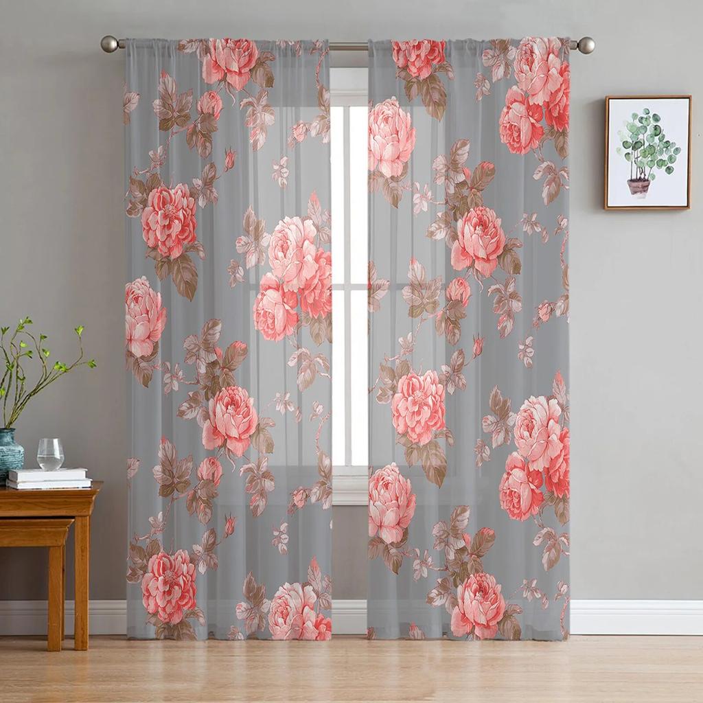 Pink Watercolor Flowers Retro Window Tulle Curtains for Living Room Bedroom Hotel Luxury Decoration Sheer Curtains