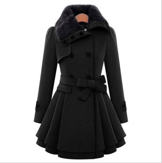 Ladies Winter Fur Collar Slim Double Breasted Woolen Long Elegant Coat