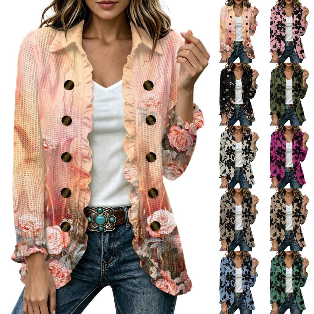 Women's Fashion Floral Print Long Sleeve Ruffled Open Front Cardigan for Everyday Casual Wear