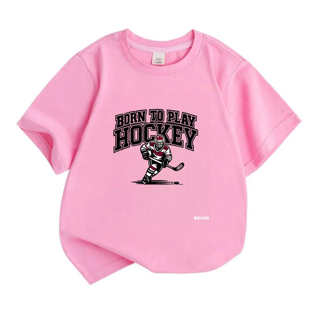 Kids Boys Girls 100% Cotton Crew Neck Short Sleeve T-Shirt, Born to Play Hockey Graphic Casual Tee for Ice Hockey Sport Loving Children, Soft Breathab