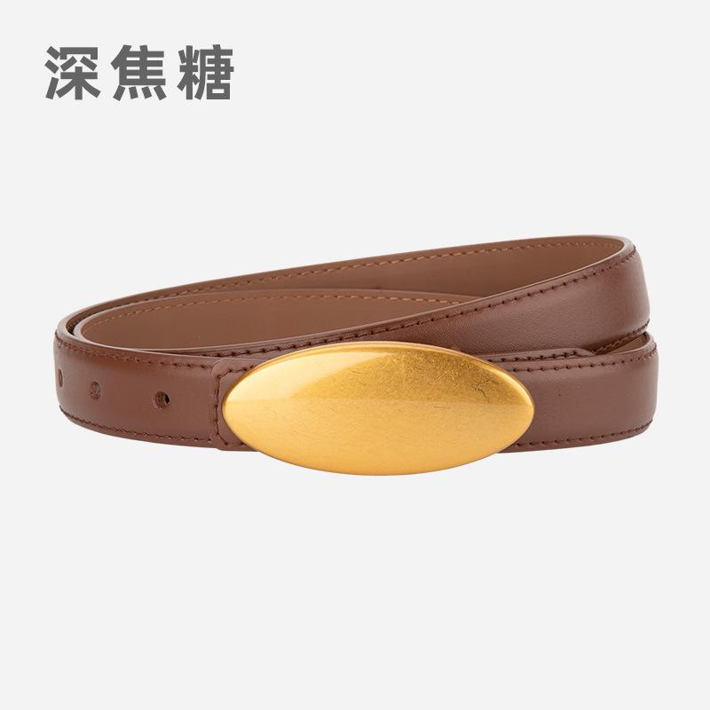 Women's Fashion Oval Gold Color Alloy Buckle Genuine Leather Waist-Cinching Belt Female Cummerbund Coat Waistband Narrow Belts
