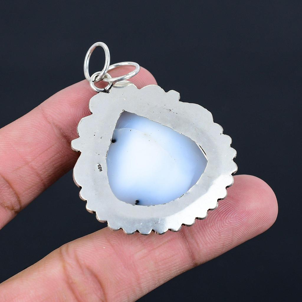 925 Sterling Silver Pear Dendrite Opal Stone Boho Bezel Mother Wedding Pendant