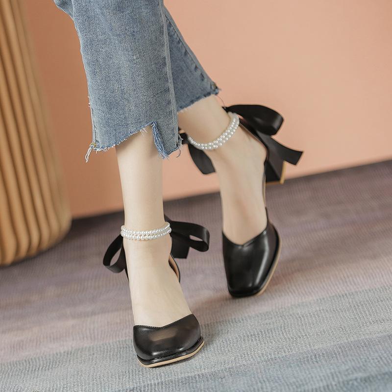 Модные женские туфли-лодочки на высоком каблуке с бантом из ленты сзади, босоножки с жемчужной отделкой на щиколотке 2025, туфли с квадратным носком, женские офисные туфли, Мэри Джейн на танкетке, каблуки