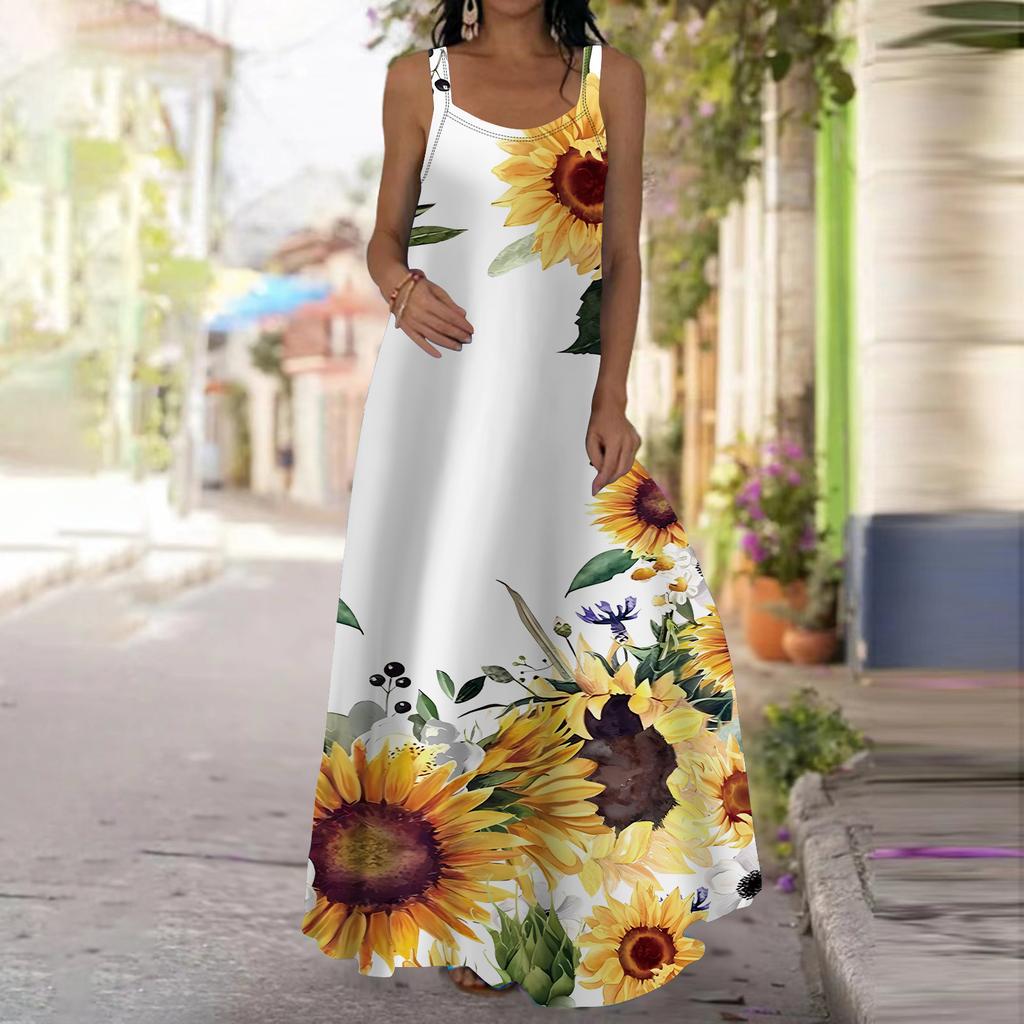 Женское платье-комбинация Длинное платье макси Белое платье с принтом подсолнухов Весна и лето Для отдыха и отпуска