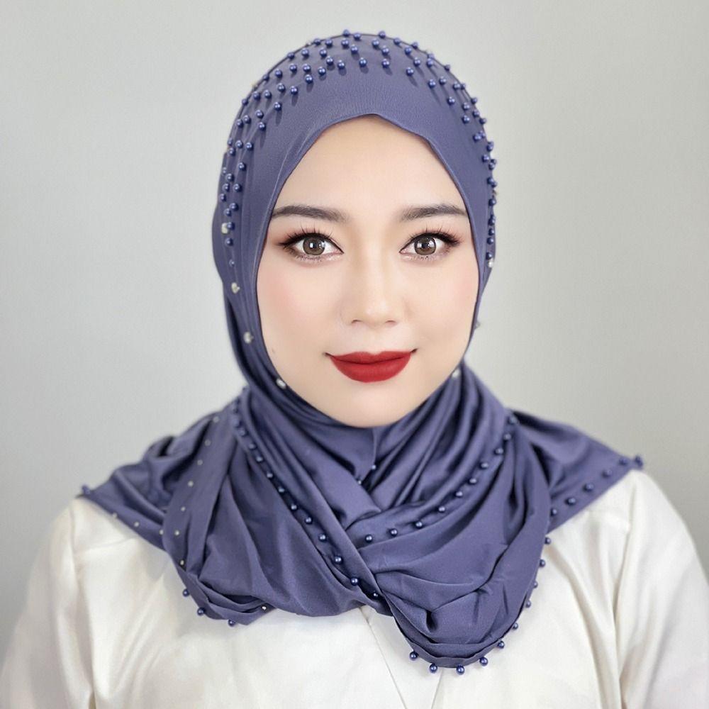 Beaded Muslim Hijab Solid Color Turkish Head Wrap Scarf Hijab Inner Caps Women's Pray Hat Woman
