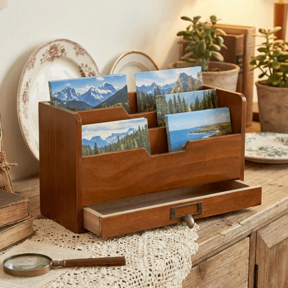 Rustic Desktop Drawer Storage Box Wooden Mail Organizer Stationery Storage Containers  Office Use