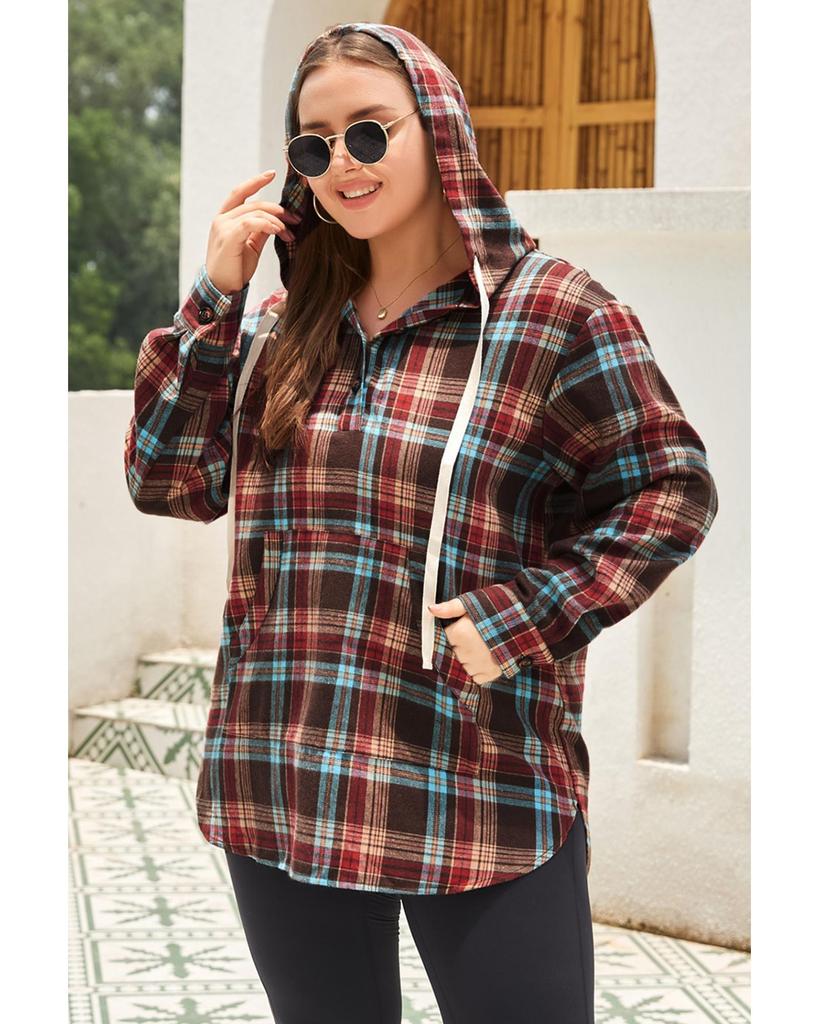 Azura Exchange Red Plus Size Plaid Kangaroo Pocket Drawstring Hoodie