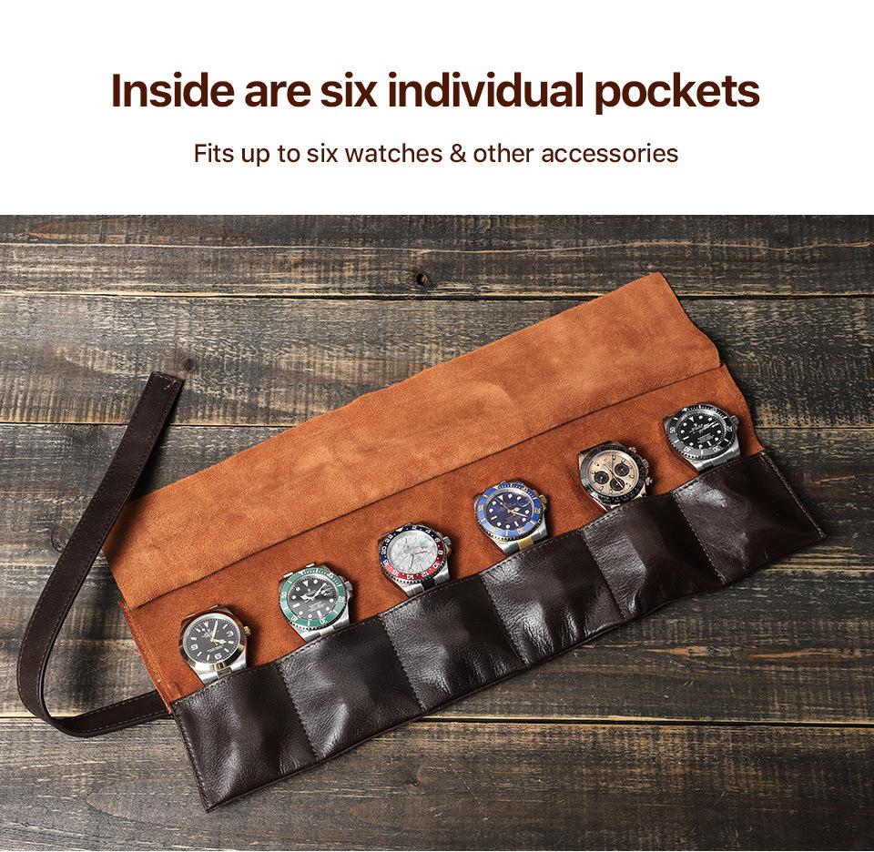 Oil Wax Cowhide Six-Watch Tie-Up Leather Travel Pouch