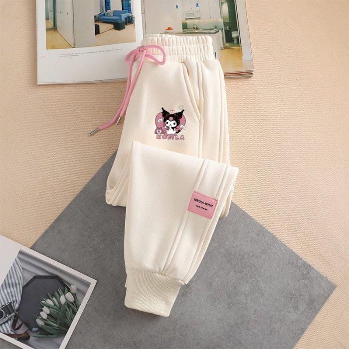 Куроми Девичьи флисовые спортивные штаны - Мультяшный принт, Теплые и толстые, С манжетами для весны/осени