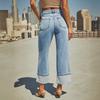 Women Baggy Jeans High Waisted Wide Leg Denim Pants Stretchy Cuffed Hem Straight Boyfriend Jeans with Pockets