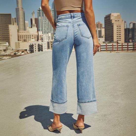 Women Baggy Jeans High Waisted Wide Leg Denim Pants Stretchy Cuffed Hem Straight Boyfriend Jeans with Pockets