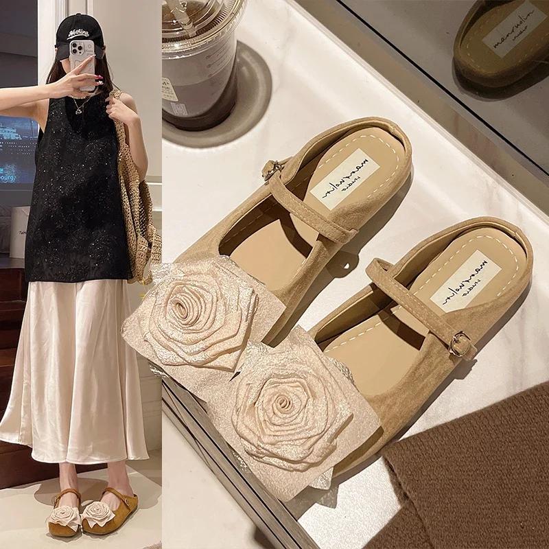 Новые летние женские шлепанцы с открытым носком, замшевые цветы, обувь для женщин, универсальная повседневная обувь для работы, мягкая подошва, Zapatillas De Mujer