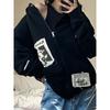 Campus Style Fabric Patch Hoodie Sports Loose Hooded Cardigan Street Zipper Jacket for Women
