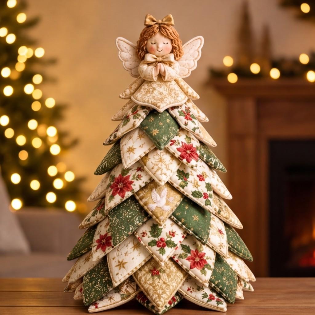 DIY Quilted Fabric Christmas Tree Kit with 3D Patchwork Craft Set for Beginners Handmade Tabletop Holiday Decor Festive Home Mantel Table Office