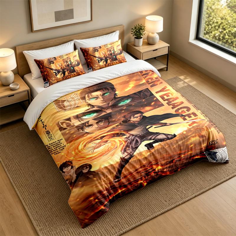 Soft Bedding Set A-Attack O-On T-Titans Pattern, 1 Duvet Cover Plus 2 Pillowcases Stylish Bedroom Home Textile