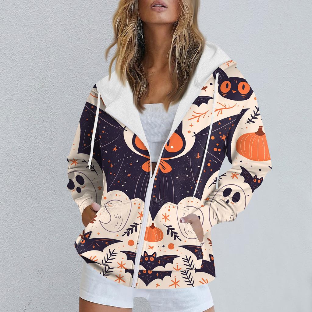 Женская повседневная спортивная одежда с принтом на Хэллоуин, осенне-зимняя куртка с капюшоном и длинными рукавами, с карманом на молнии