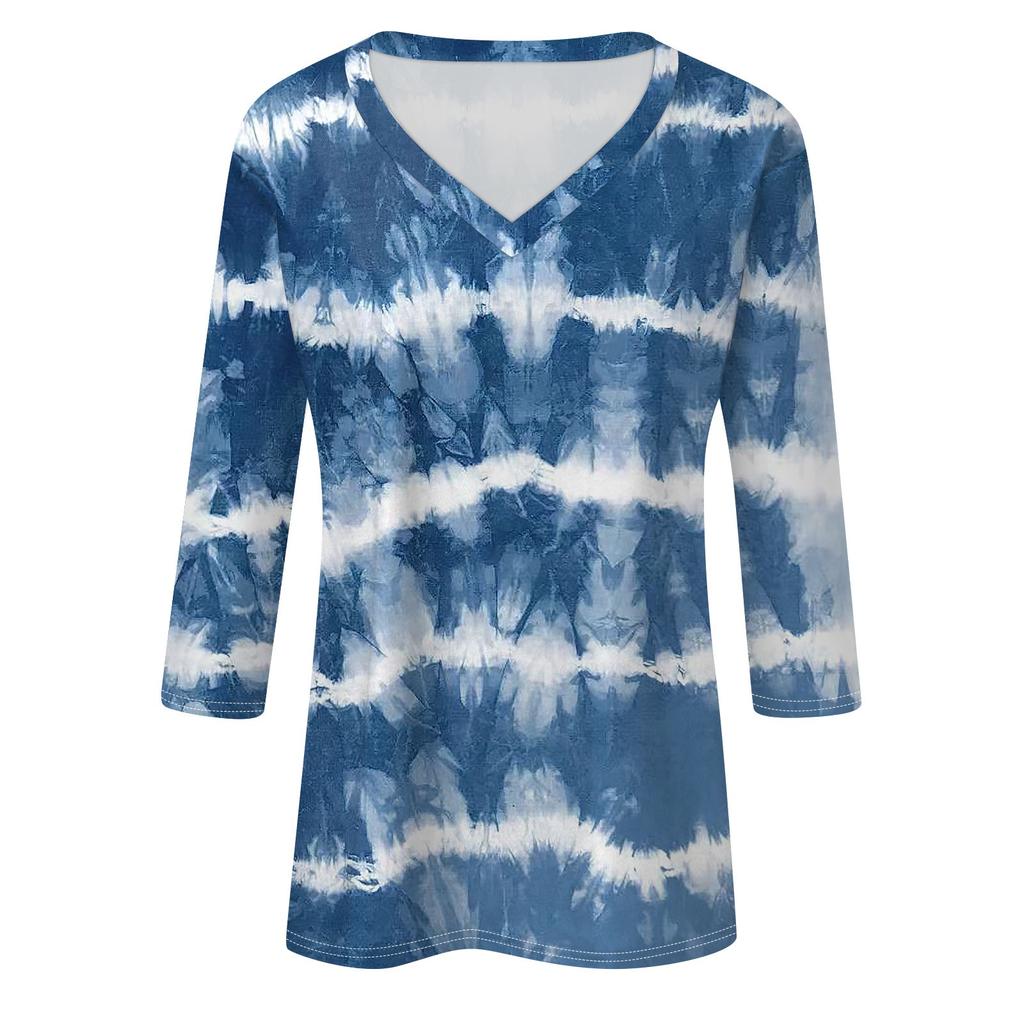 Women's Fashion Casual V Neck 3/4 Sleeve Loose Printed T-Shirt Ladies Top