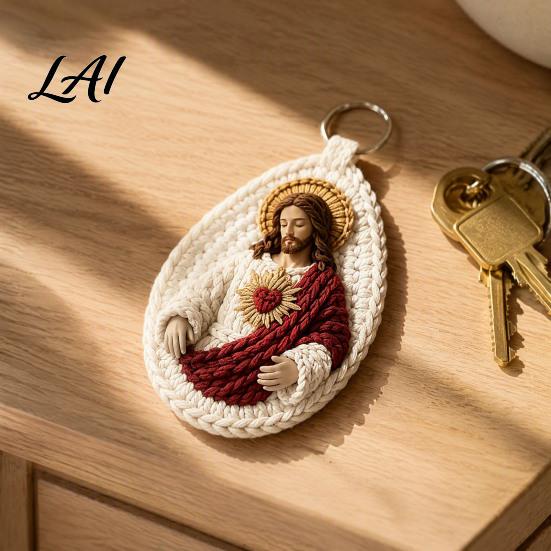Handcrafted Religious Charm Handmade Crochet Marian Keychain Virgin Mary with Soft Yarn Keyring Blue White Yarn Catholic Christian Inspirational