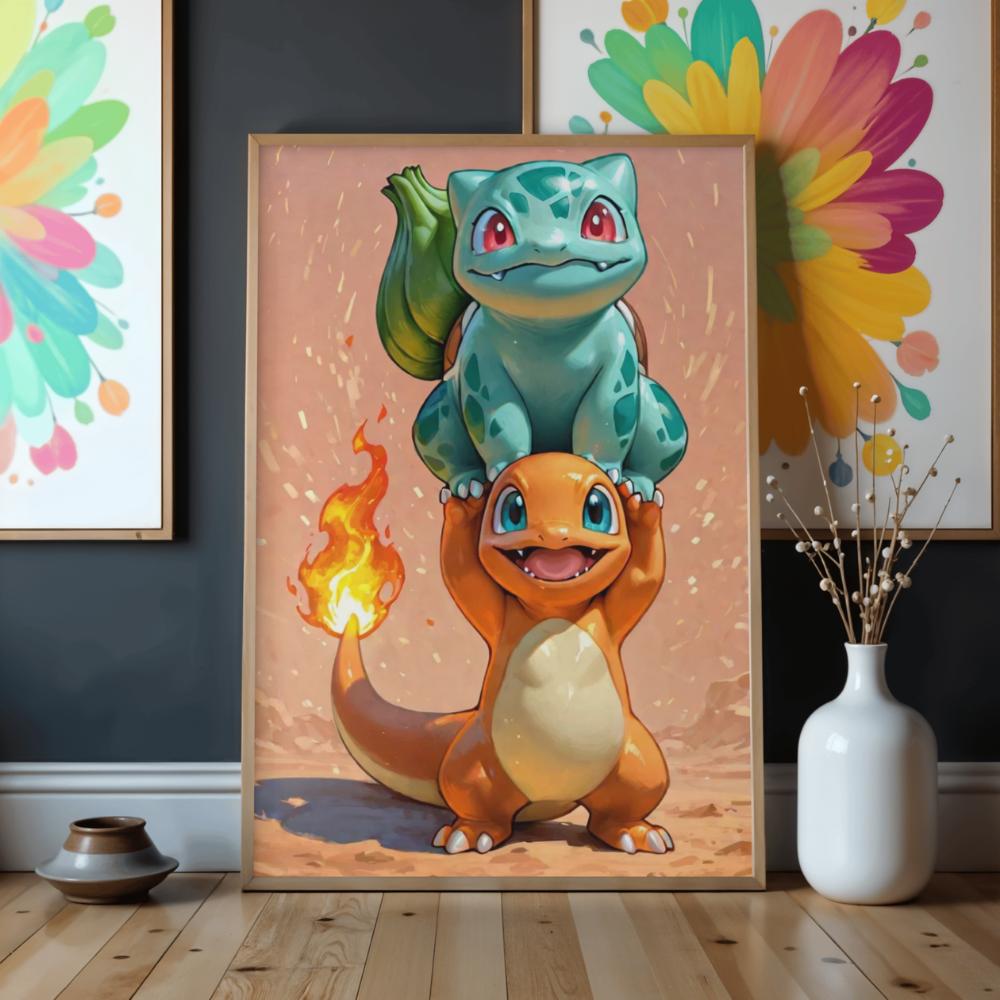 Obraz Do Malowania Po Numerach Z Ramą Pokemon Bulbasaur Charmander 50X70Cm