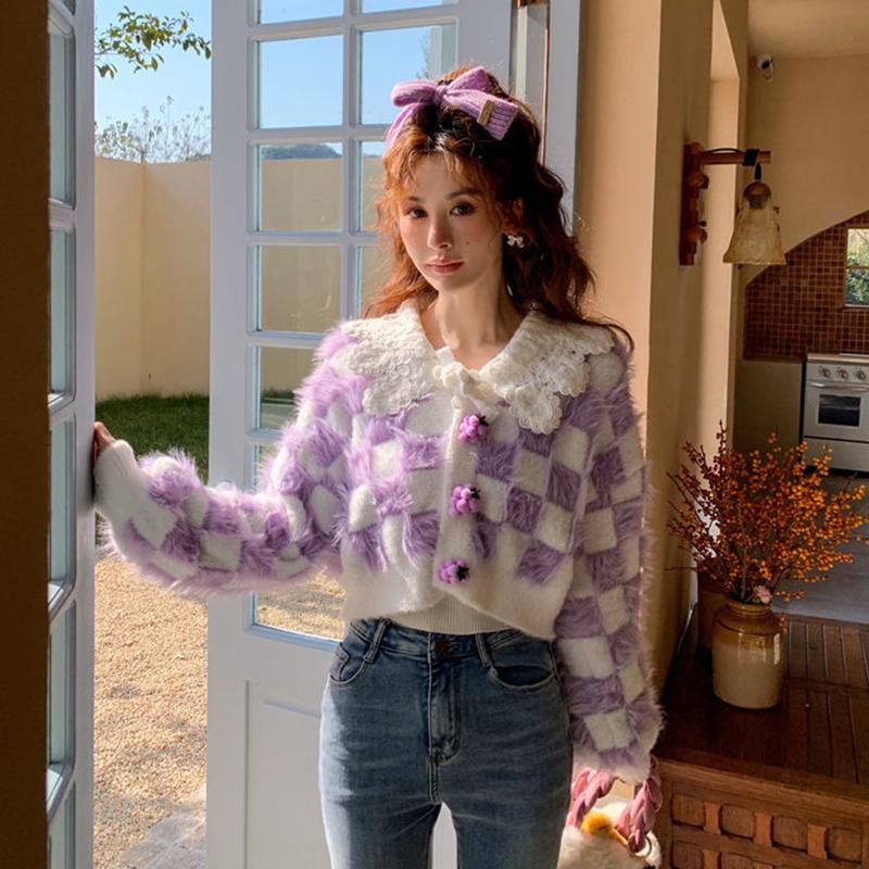 Kawaii милый укороченный свитер, кардиган, женский корейский стиль, фиолетовый клетчатый кашемировый свитер из искусственной норки с v-образным вырезом, кружевной лоскутный свитер