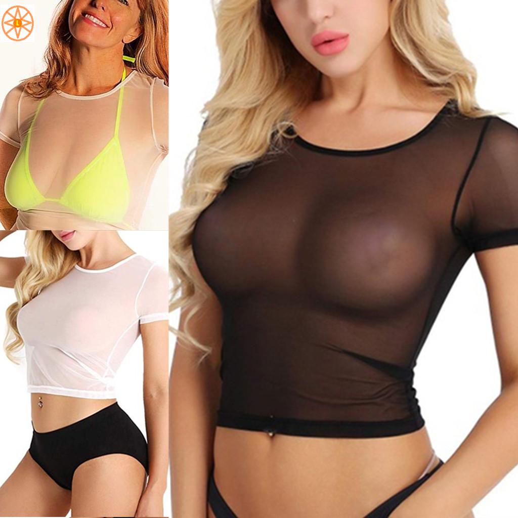 Sexy Womens Sheer Mesh See Through Short Sleeve Crop Tops Casual T Shirt