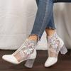 Women's Floral Print Lace Ankle Boots With Back Zipper Square Heels Round Toe Shoes