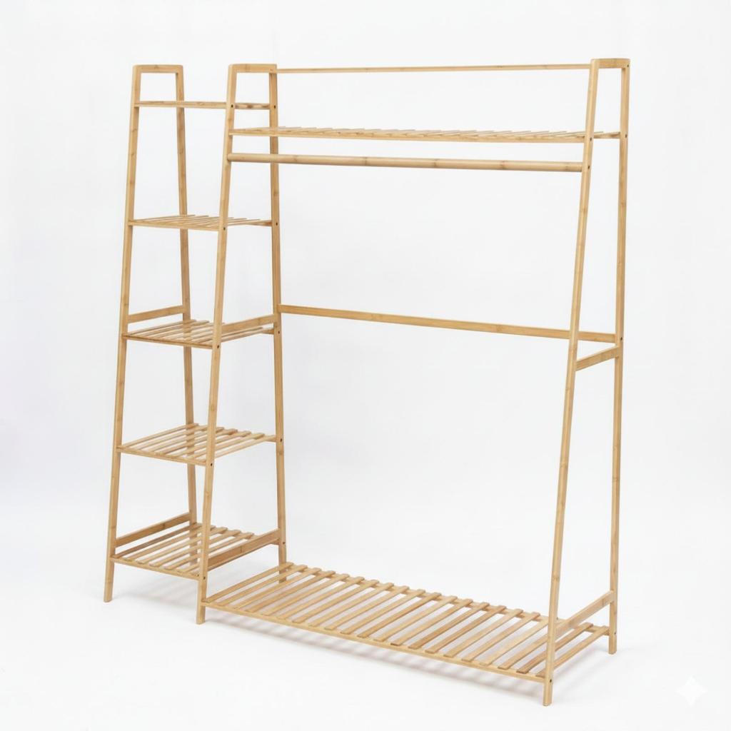 Bamboo Clothing Rack-Saving Freestanding Garment Rack Modern Wardrobe Organizer