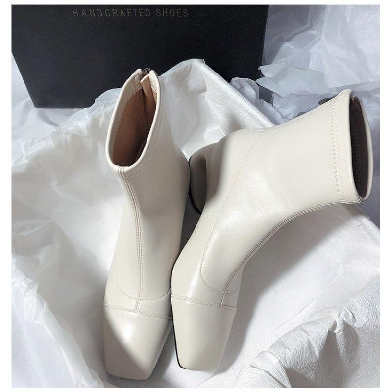 Fashion Square Toe Chunky Heel Back Zip Mid Heel Elegant Temperament Cut-out Special-shaped Heel Fashion Skinny Women's Boots