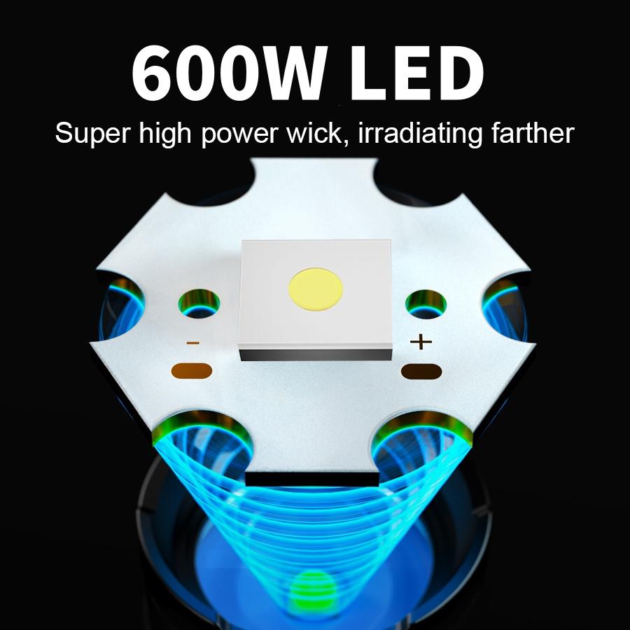 Новый светодиодный фонарик высокой мощности 600 Вт, перезаряжаемый фонарик со встроенным аккумулятором, фонарик для кемпинга, рыбалки, охоты