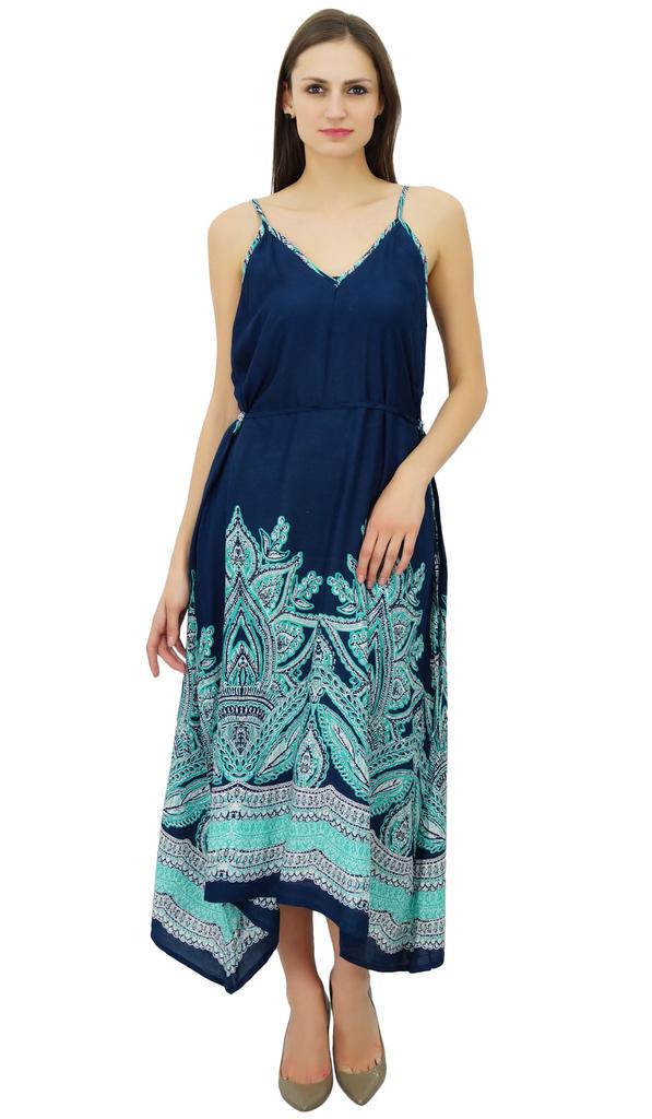 Bimba Женское синее вискозное асимметричное платье-солнце Spaghetti Stram Boho Chic Beach