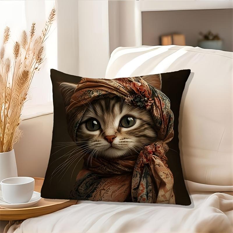 Vintage Art Cat Throw Pillow Cover, Elegant Renaissance Style Tabby Cat With Floral Scarf Decorative Cushion For Couch