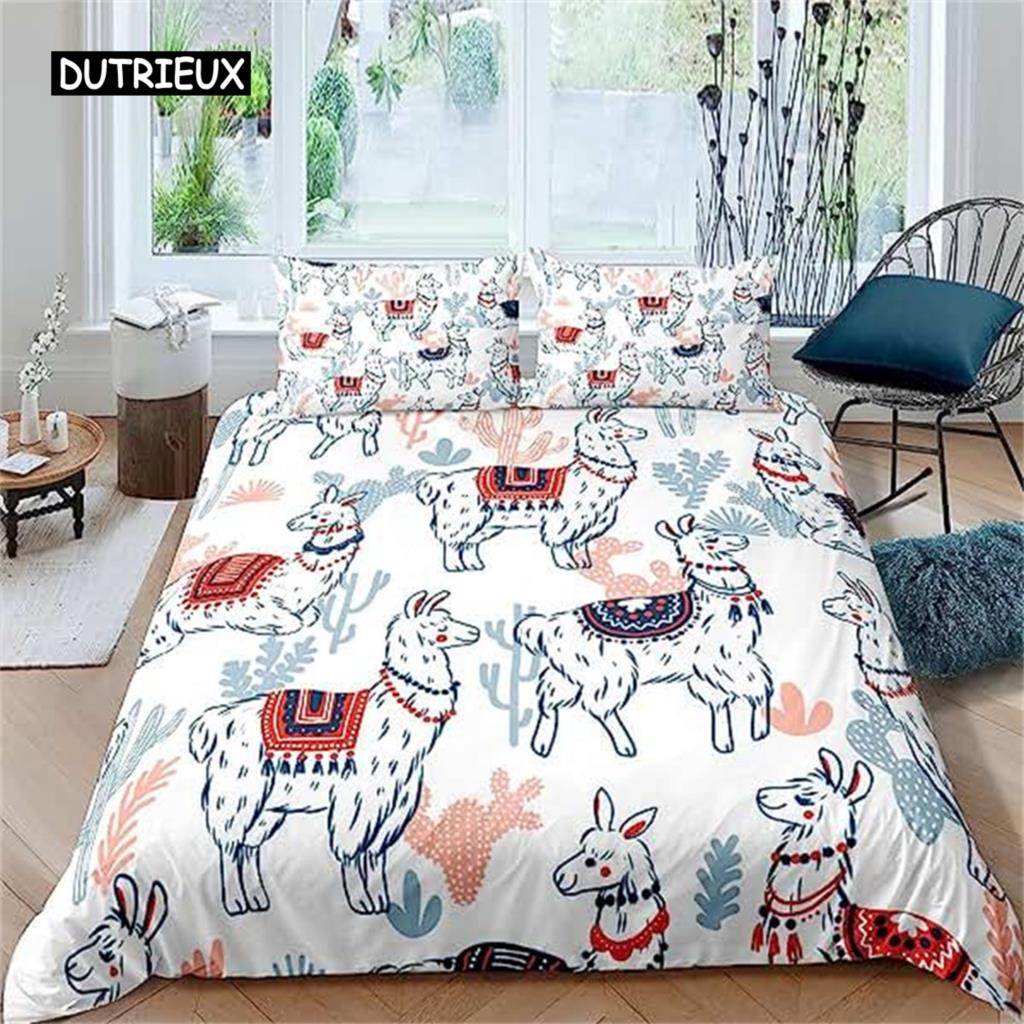 Cartoon Alpaca Duvet Cover Cute Bedding Collection Cartoon Llama Comforter Cover For Boys Girls Teens Animal Theme Bedroom Decor Green
