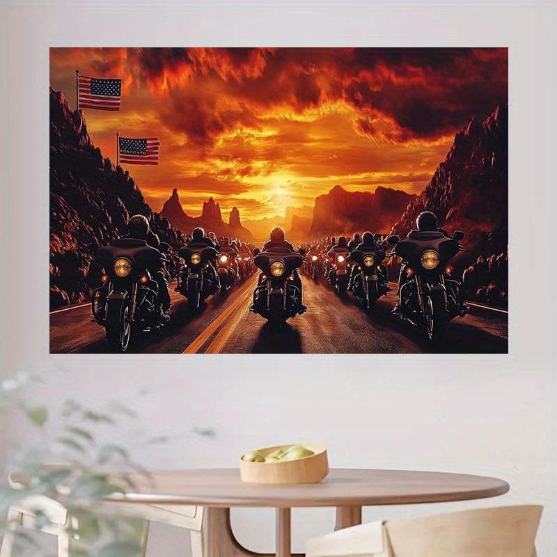 2D plane, 1 motorcycle-themed, sunset rock landscape pattern, suitable for adventure parties or trips