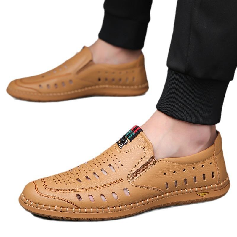 Men'S Sandals Leather Business Hollow Punching Men'S Shoes Soft Sole Hole Dad Leather Shoes White