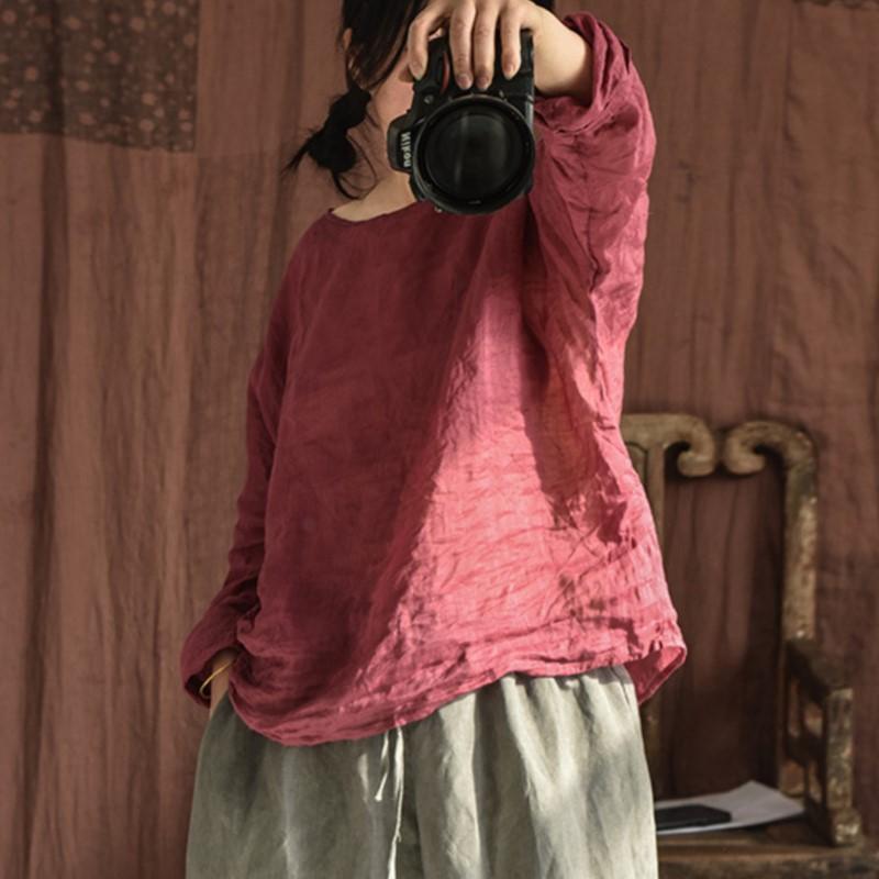 Johnature Женские винтажные футболки с длинным рукавом и круглым вырезом Ramie, весенние однотонные футболки, свободные повседневные футболки высокого качества