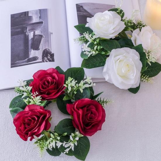Artificial Rose Wreath Candle Ring Pillar Candle Holder Spring Green Leaves Flower Garland Home Wedding Party