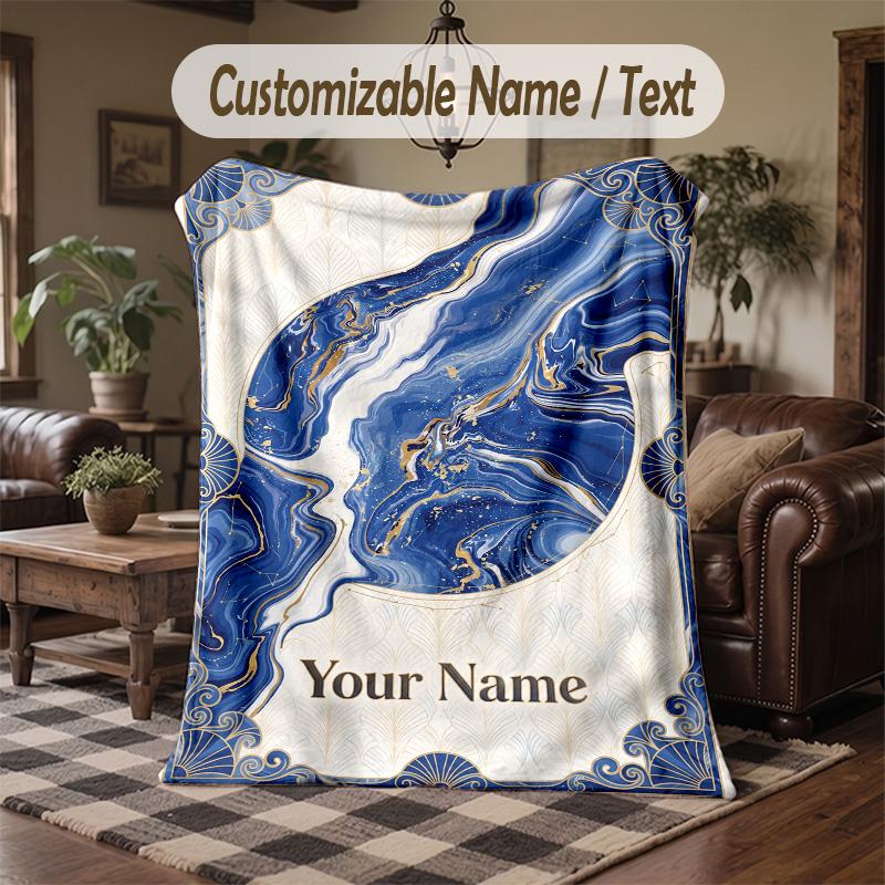 Blue Flowers Art Theme Throw Blanket Custom Name Text Personalized Blanket Soft Cozy Blanket for Home Sofa Bed