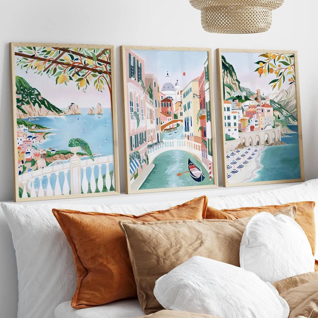 Italian Coastal Town Canvas Prints, Amalfi & Venice Watercolor Wall Art, Mediterranean Lemon Travel Posters for Home Decor Gifts