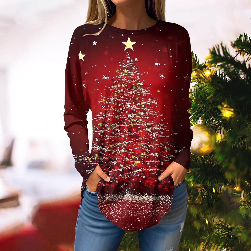 Женская свободная футболка с круглым вырезом и рождественским принтом, длинный рукав, топы, пуловер