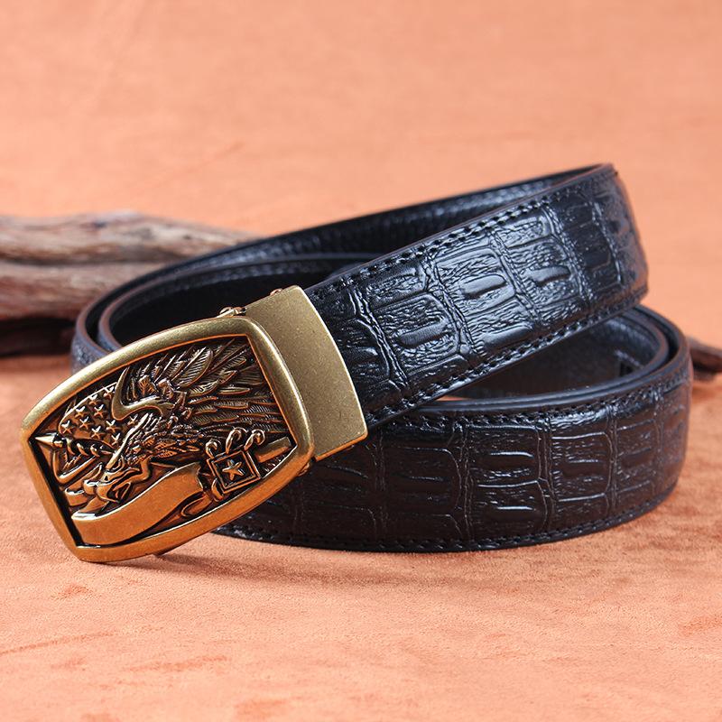 Men's Leather Belt with Automatic Buckle, Genuine Leather, Bronze Buckle, Faucet for Middle-aged and Young Business Casual Pants