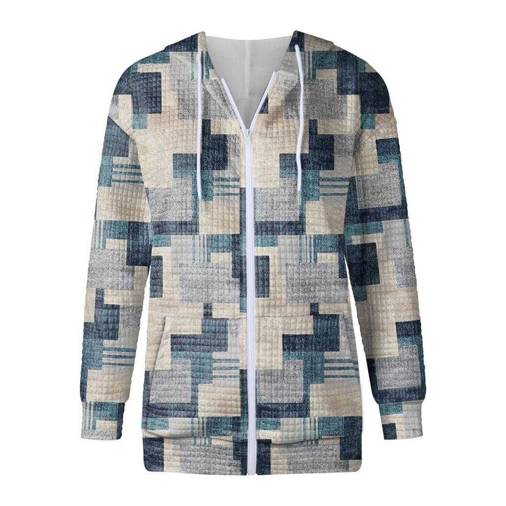Women's Fashion Irregular Geometric Print Long Sleeve Pocket Loose Zipper Hooded Hoodie Jacket
